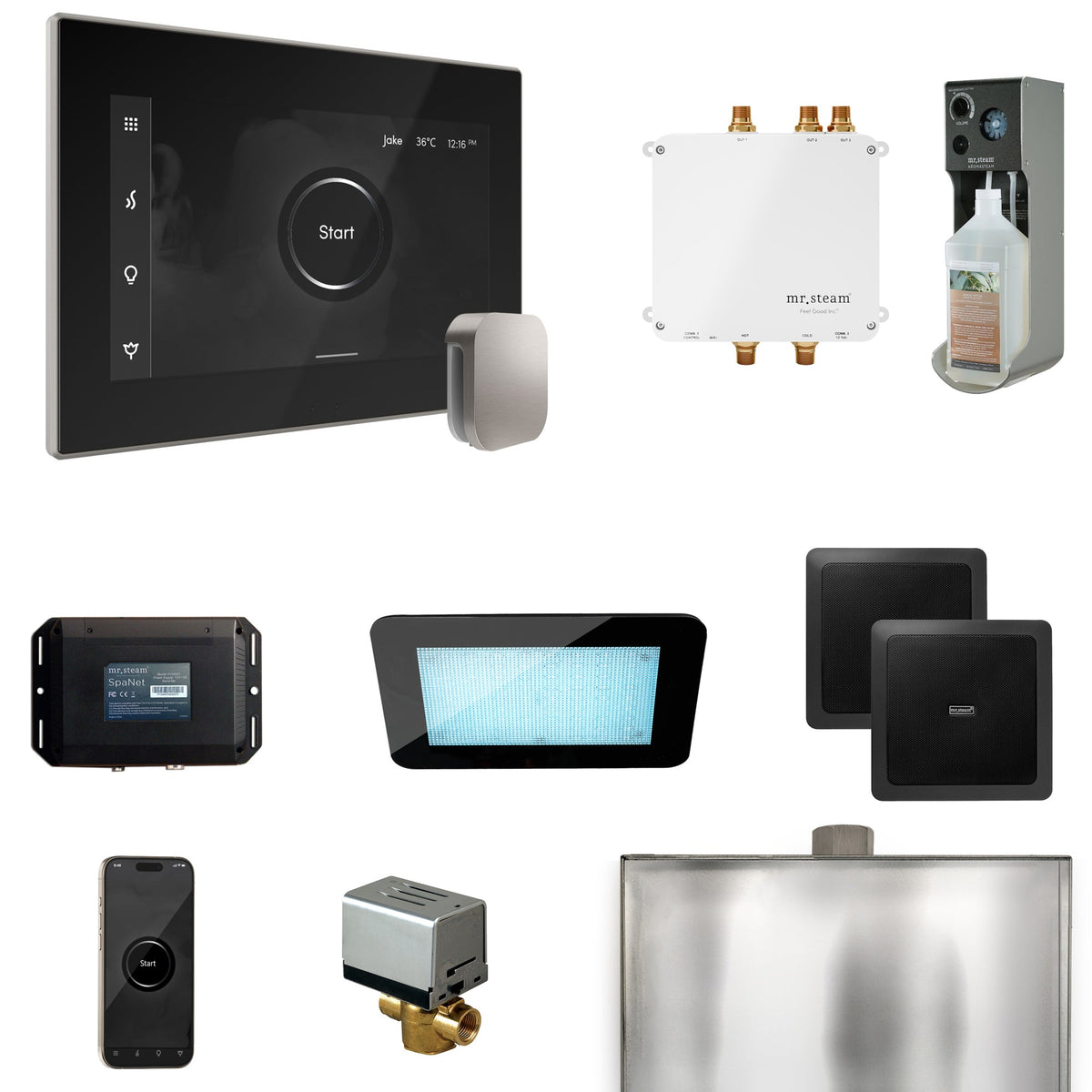 Mr. Steam Bliss Steam Shower Package – iSteamX, Aroma Steamhead, AudioX, ChromaSteam, AromaSteam & SpaH2O Valve for MS & Super Generators