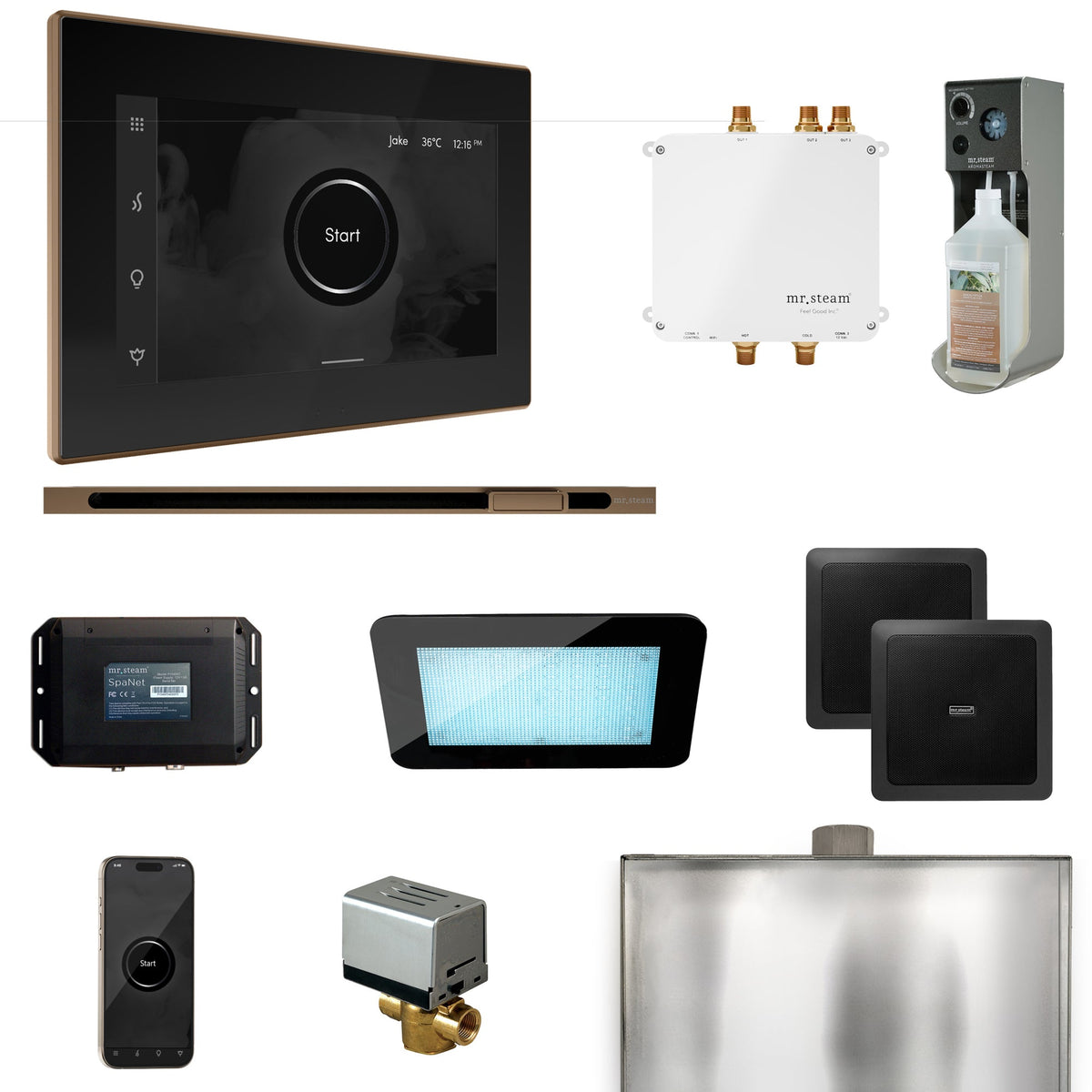 Mr. Steam Bliss Linear Steam Shower Package – iSteamX, Linear Steamhead, AudioX, ChromaSteam, AromaSteam & SpaH2O Valve for MS & Super Generators