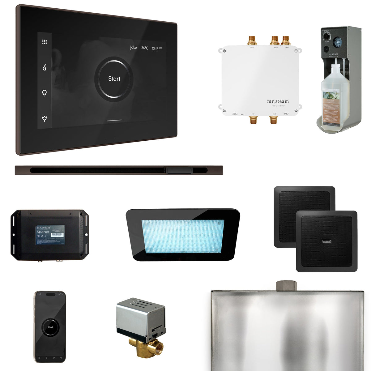 Mr. Steam Bliss Linear Steam Shower Package – iSteamX, Linear Steamhead, AudioX, ChromaSteam, AromaSteam & SpaH2O Valve for MS & Super Generators
