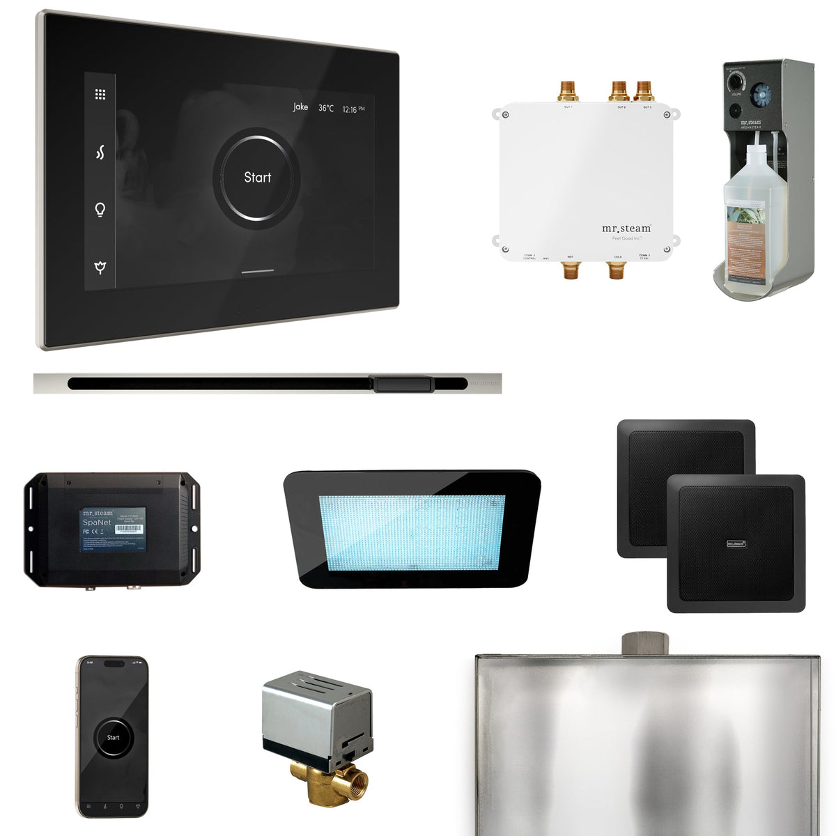 Mr. Steam Bliss Linear Steam Shower Package – iSteamX, Linear Steamhead, AudioX, ChromaSteam, AromaSteam & SpaH2O Valve for MS & Super Generators