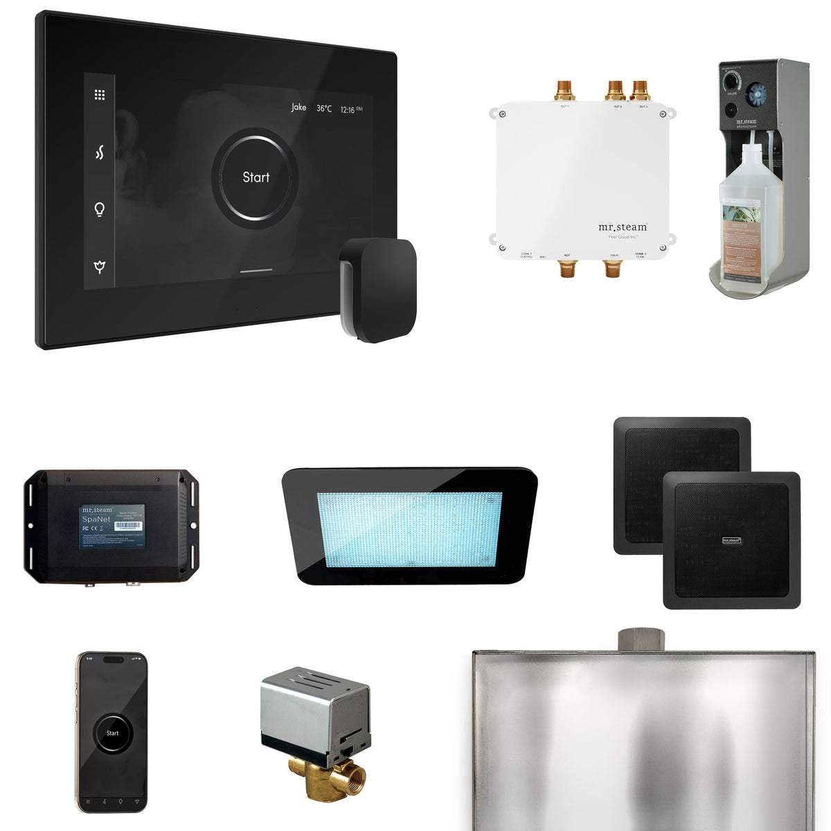 Mr. Steam Bliss Steam Shower Package – iSteamX, Aroma Steamhead, AudioX, ChromaSteam, AromaSteam & SpaH2O Valve for MS & Super Generators