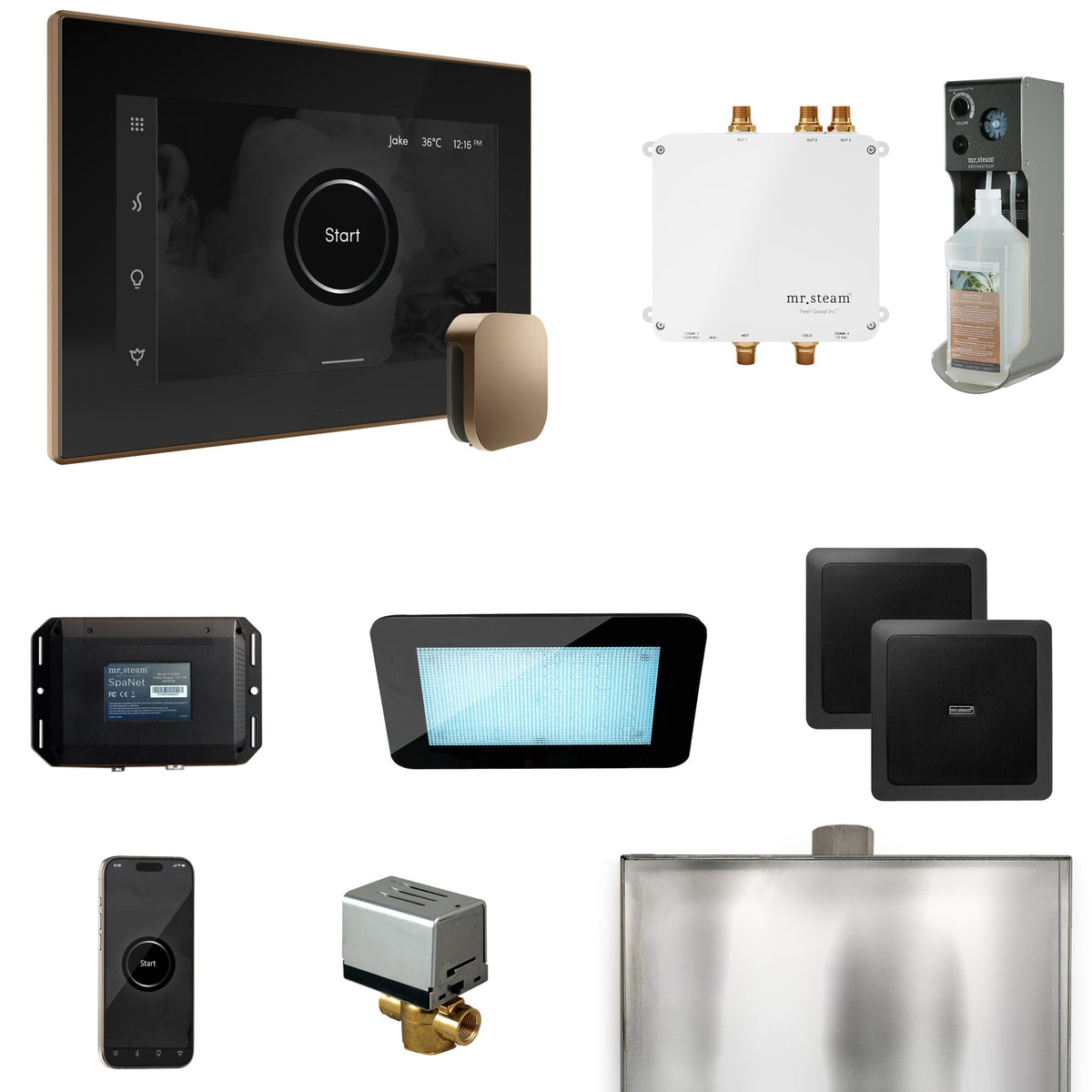 Mr. Steam Bliss Steam Shower Package – iSteamX, Aroma Steamhead, AudioX, ChromaSteam, AromaSteam & SpaH2O Valve for MS & Super Generators