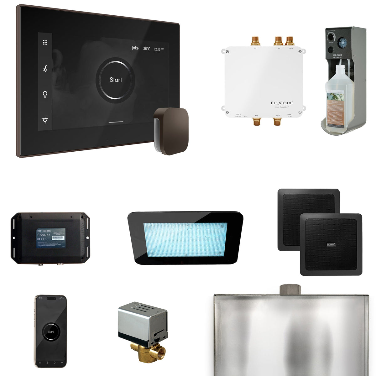 Mr. Steam Bliss Steam Shower Package – iSteamX, Aroma Steamhead, AudioX, ChromaSteam, AromaSteam & SpaH2O Valve for MS & Super Generators