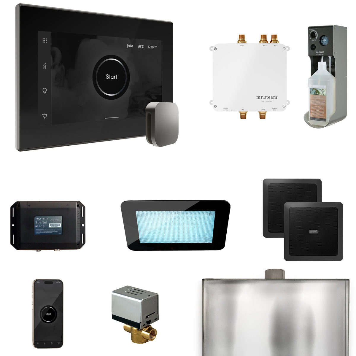 Mr. Steam Bliss Steam Shower Package – iSteamX, Aroma Steamhead, AudioX, ChromaSteam, AromaSteam & SpaH2O Valve for MS & Super Generators