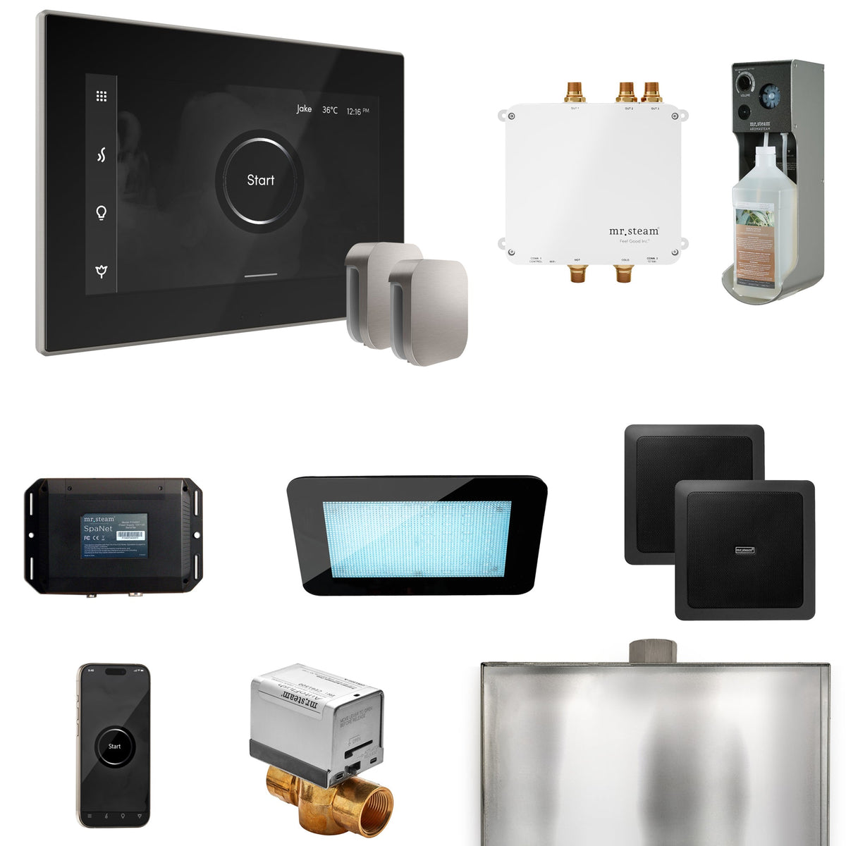 Mr. Steam Bliss Max Steam Shower Package – iSteamX, Aroma Steamhead, AudioX, ChromaSteam, AromaSteam & SpaH2O Valve for Max Generators