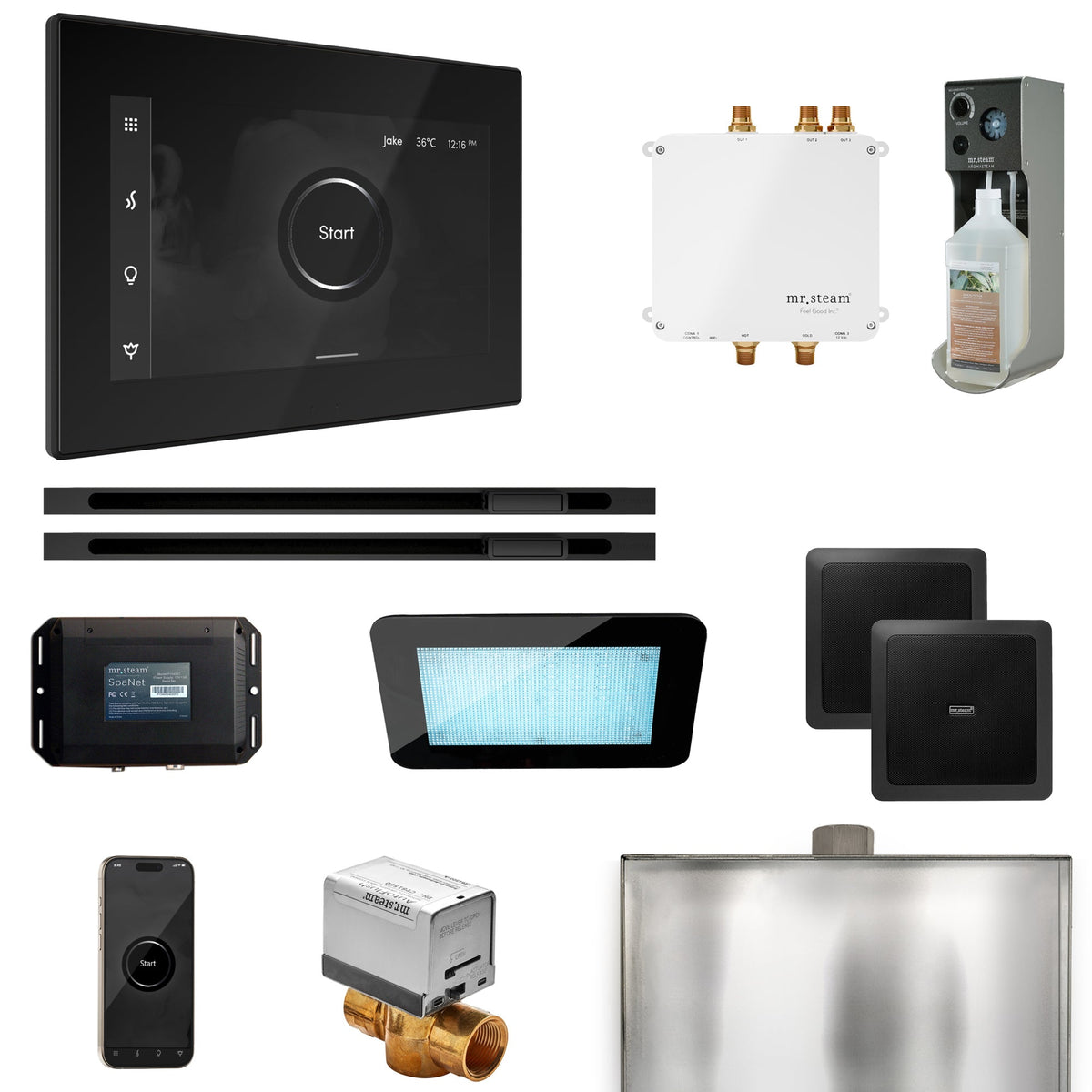Mr. Steam Bliss Max Linear Steam Shower Package – iSteamX, Linear Steamhead, AudioX, ChromaSteam, AromaSteam & SpaH2O Valve for Max Generators