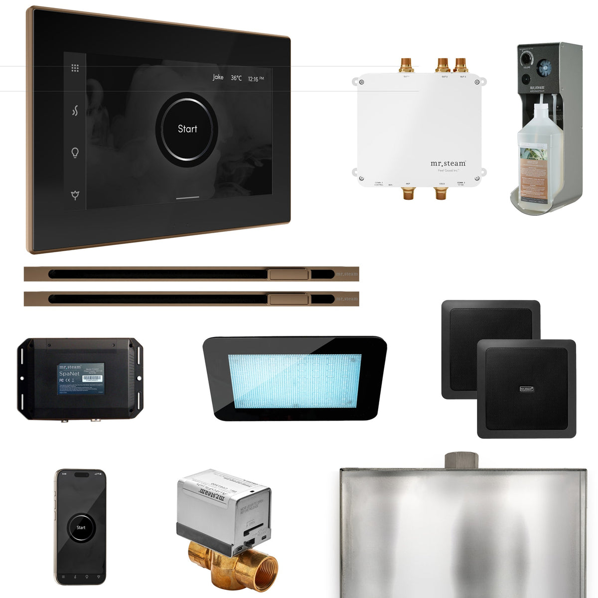 Mr. Steam Bliss Max Linear Steam Shower Package – iSteamX, Linear Steamhead, AudioX, ChromaSteam, AromaSteam & SpaH2O Valve for Max Generators