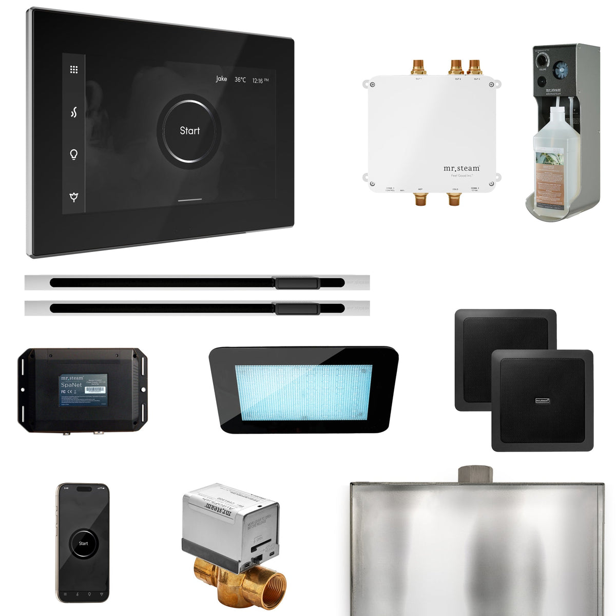 Mr. Steam Bliss Max Linear Steam Shower Package – iSteamX, Linear Steamhead, AudioX, ChromaSteam, AromaSteam & SpaH2O Valve for Max Generators