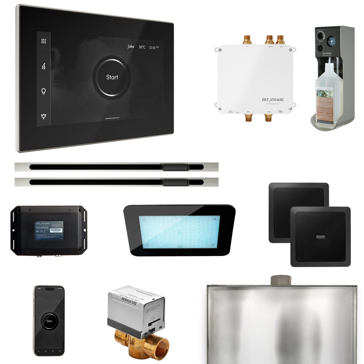 Mr. Steam Bliss Max Linear Steam Shower Package – iSteamX, Linear Steamhead, AudioX, ChromaSteam, AromaSteam & SpaH2O Valve for Max Generators