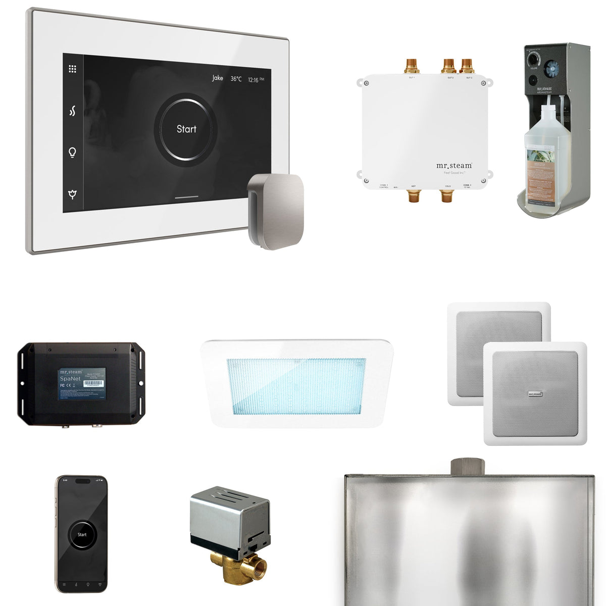 Mr. Steam Bliss Steam Shower Package – iSteamX, Aroma Steamhead, AudioX, ChromaSteam, AromaSteam & SpaH2O Valve for MS & Super Generators