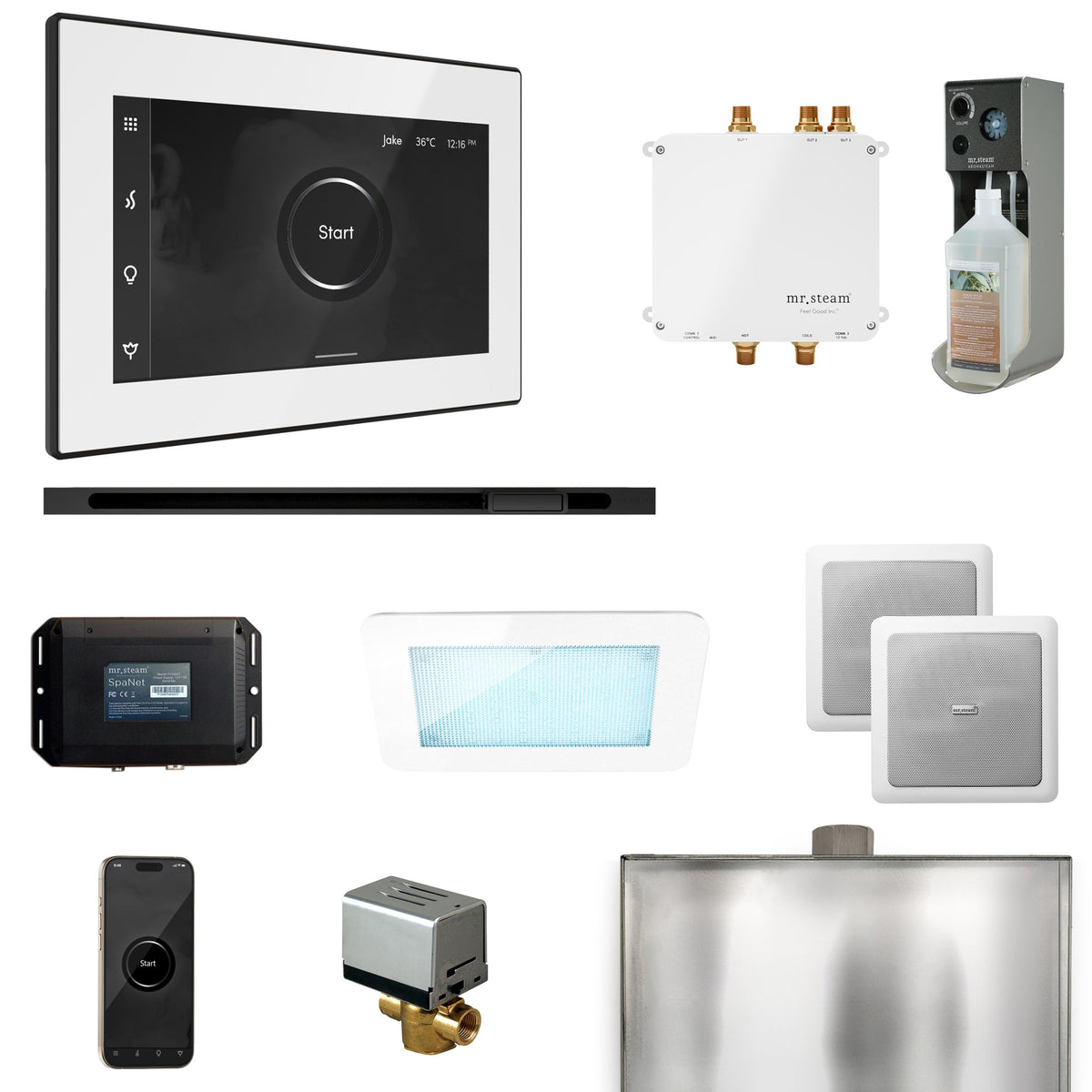 Mr. Steam Bliss Linear Steam Shower Package – iSteamX, Linear Steamhead, AudioX, ChromaSteam, AromaSteam & SpaH2O Valve for MS & Super Generators