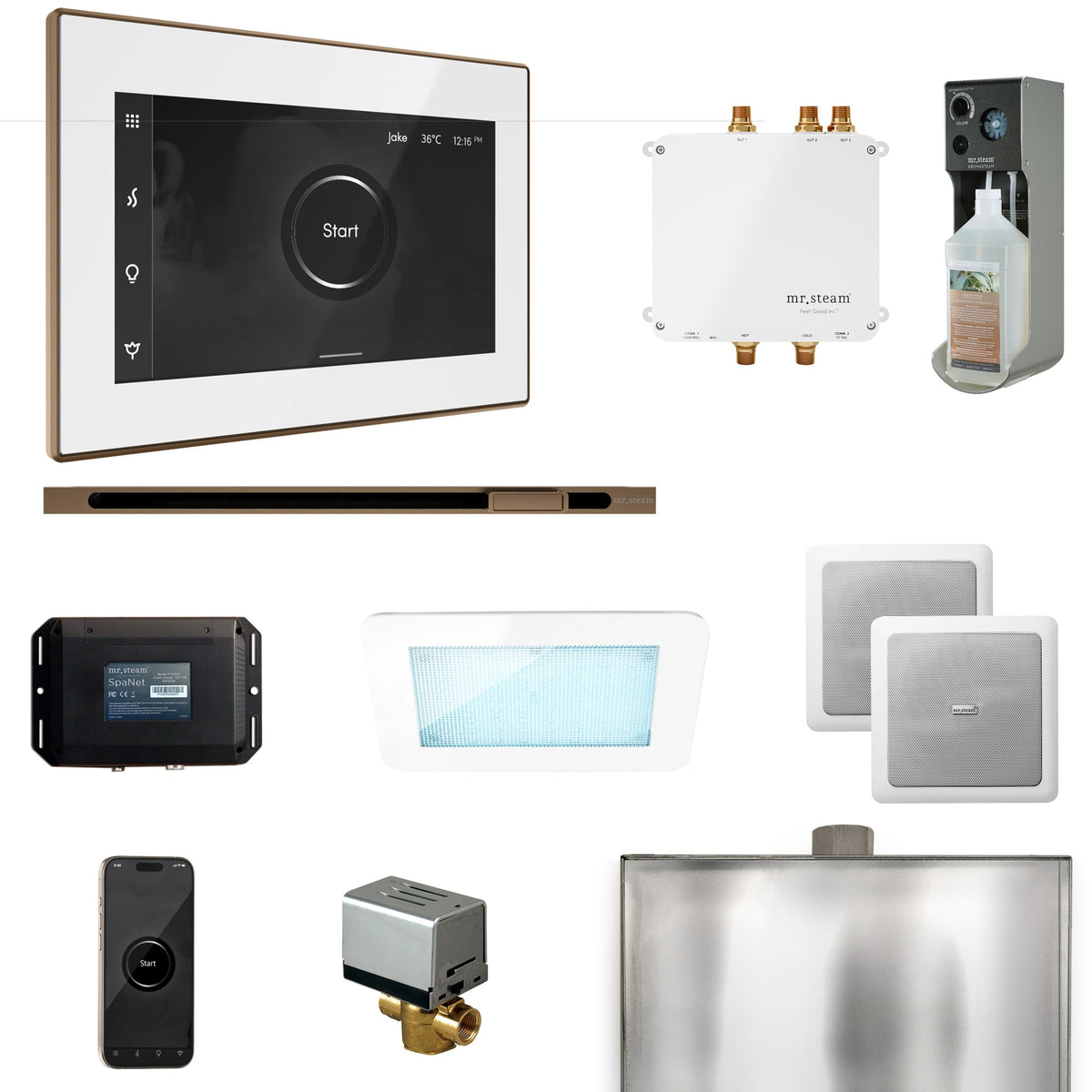 Mr. Steam Bliss Linear Steam Shower Package – iSteamX, Linear Steamhead, AudioX, ChromaSteam, AromaSteam & SpaH2O Valve for MS & Super Generators