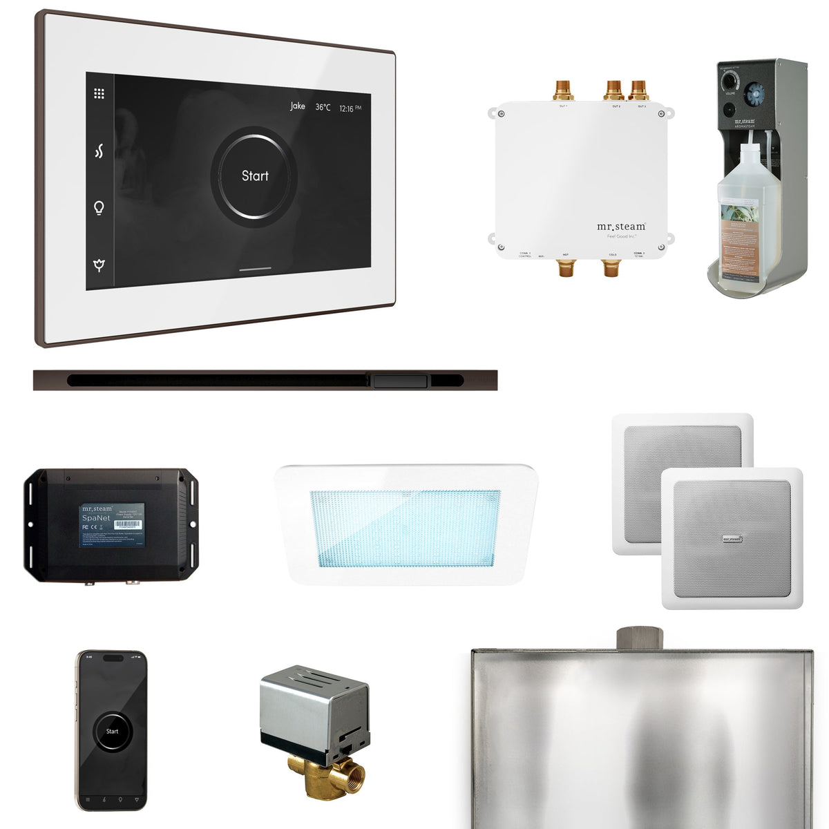 Mr. Steam Bliss Linear Steam Shower Package – iSteamX, Linear Steamhead, AudioX, ChromaSteam, AromaSteam & SpaH2O Valve for MS & Super Generators