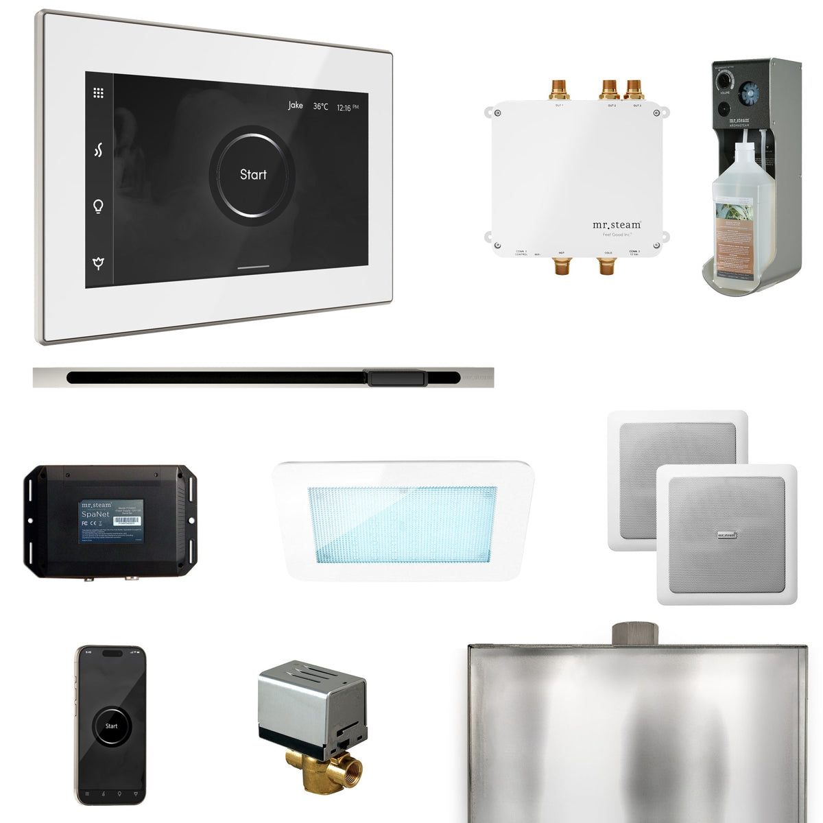 Mr. Steam Bliss Linear Steam Shower Package – iSteamX, Linear Steamhead, AudioX, ChromaSteam, AromaSteam & SpaH2O Valve for MS & Super Generators