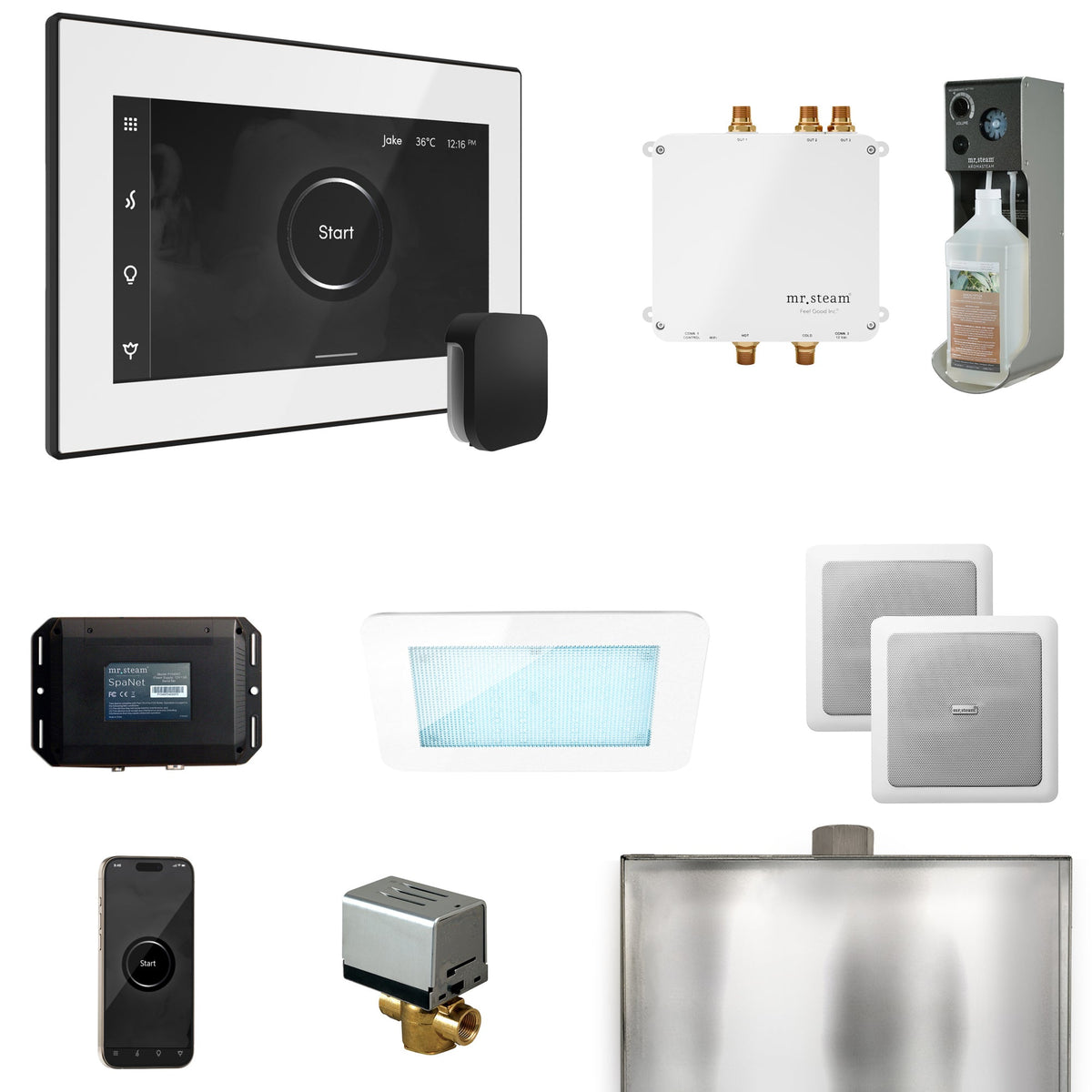 Mr. Steam Bliss Steam Shower Package – iSteamX, Aroma Steamhead, AudioX, ChromaSteam, AromaSteam & SpaH2O Valve for MS & Super Generators