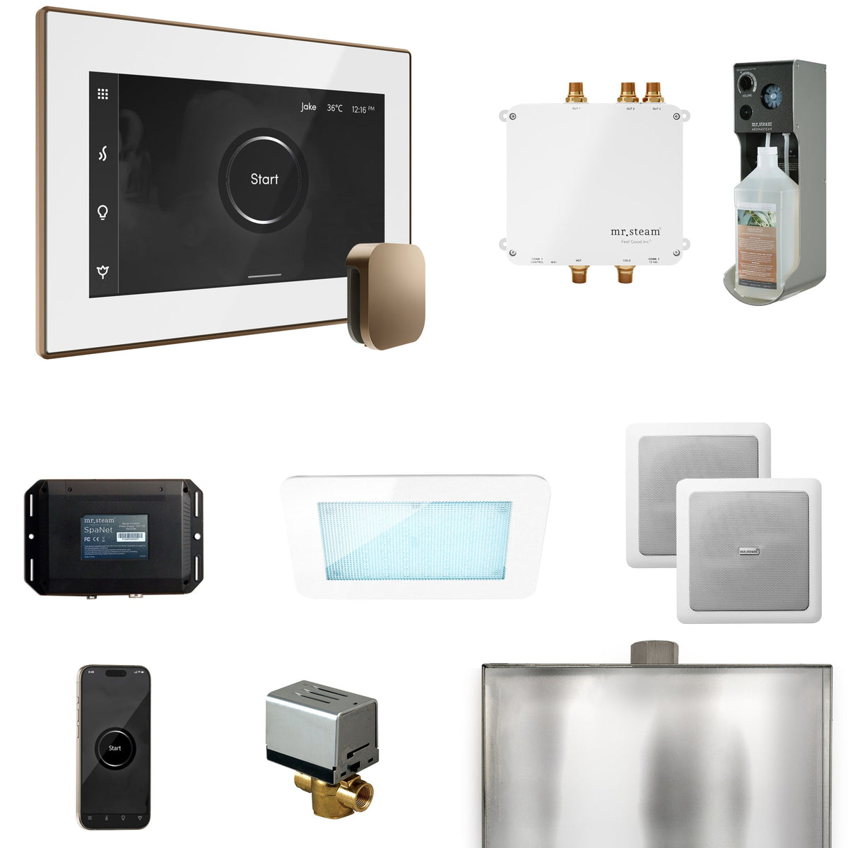 Mr. Steam Bliss Steam Shower Package – iSteamX, Aroma Steamhead, AudioX, ChromaSteam, AromaSteam & SpaH2O Valve for MS & Super Generators
