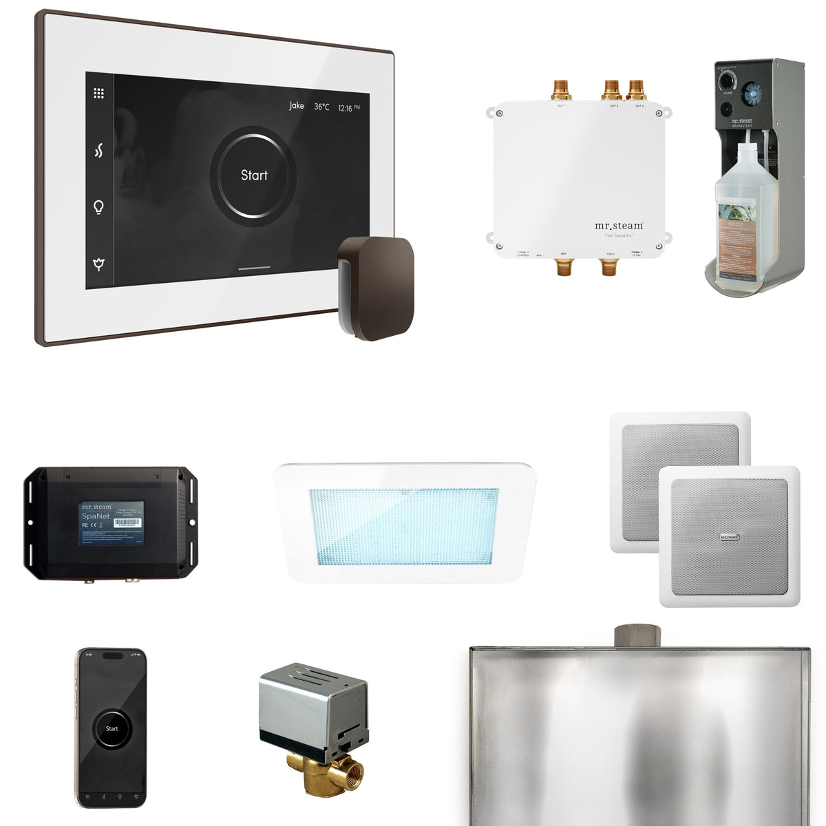 Mr. Steam Bliss Steam Shower Package – iSteamX, Aroma Steamhead, AudioX, ChromaSteam, AromaSteam & SpaH2O Valve for MS & Super Generators