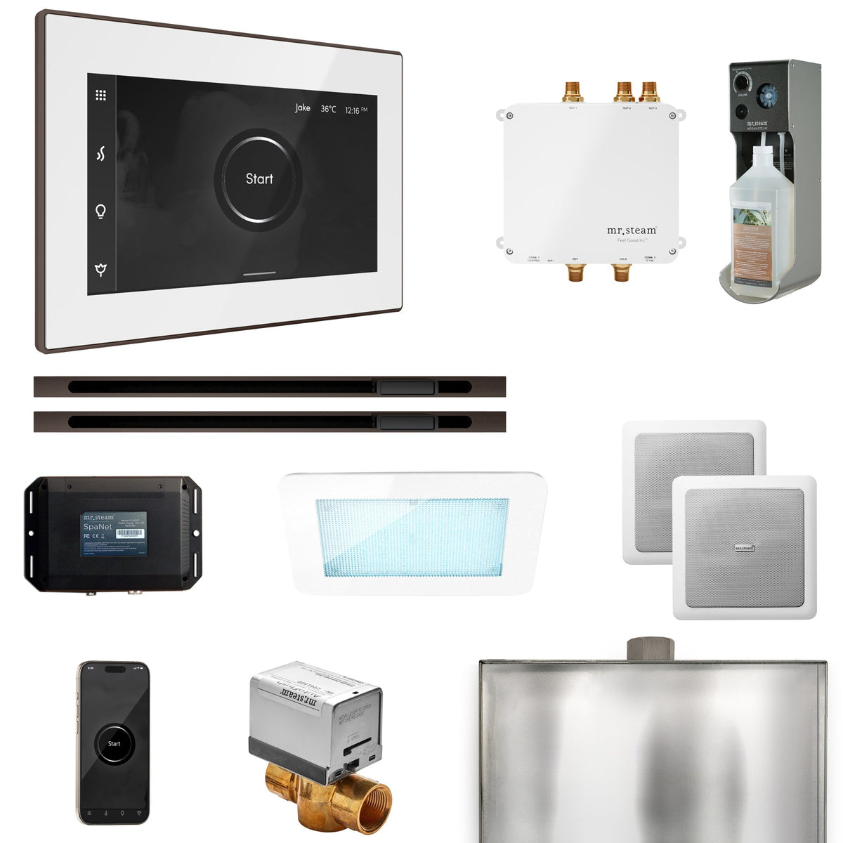 Mr. Steam Bliss Max Linear Steam Shower Package – iSteamX, Linear Steamhead, AudioX, ChromaSteam, AromaSteam & SpaH2O Valve for Max Generators