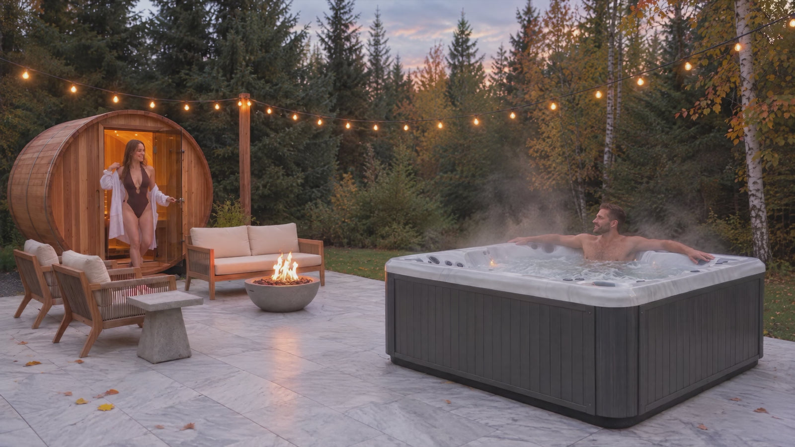 A woman steps out of a glowing barrel sauna and walks across a stone patio to sit on the edge of a hot tub beside the man inside, on an early-fall evening